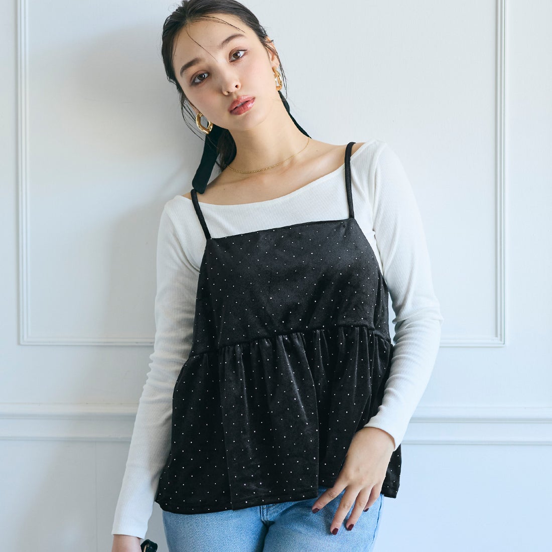 コカ coca ラインストーンベロアキャミソール （Black