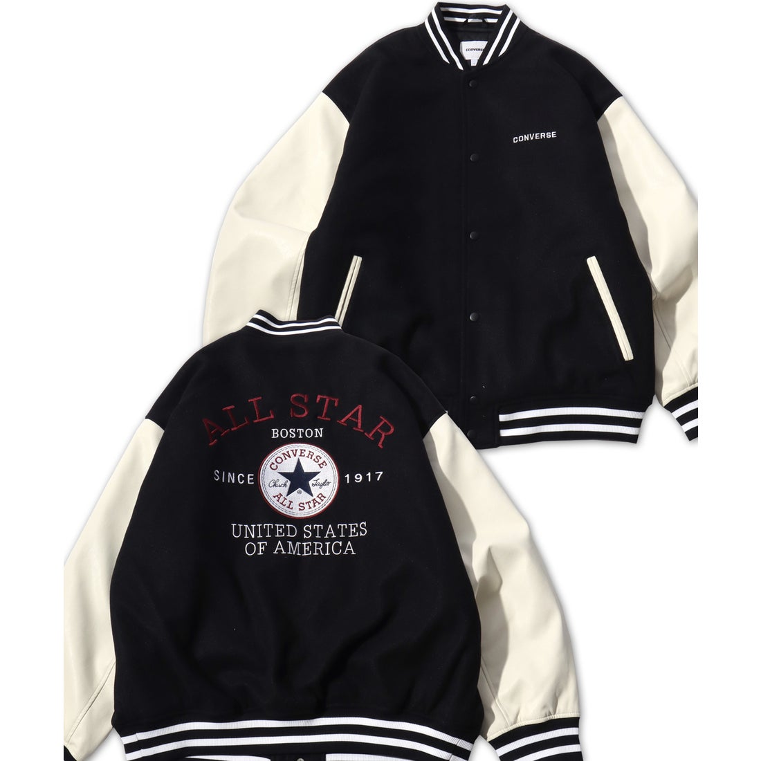 CONVERSE メルトンウール/デニム 袖フェイクレザー 切替 スタジャン