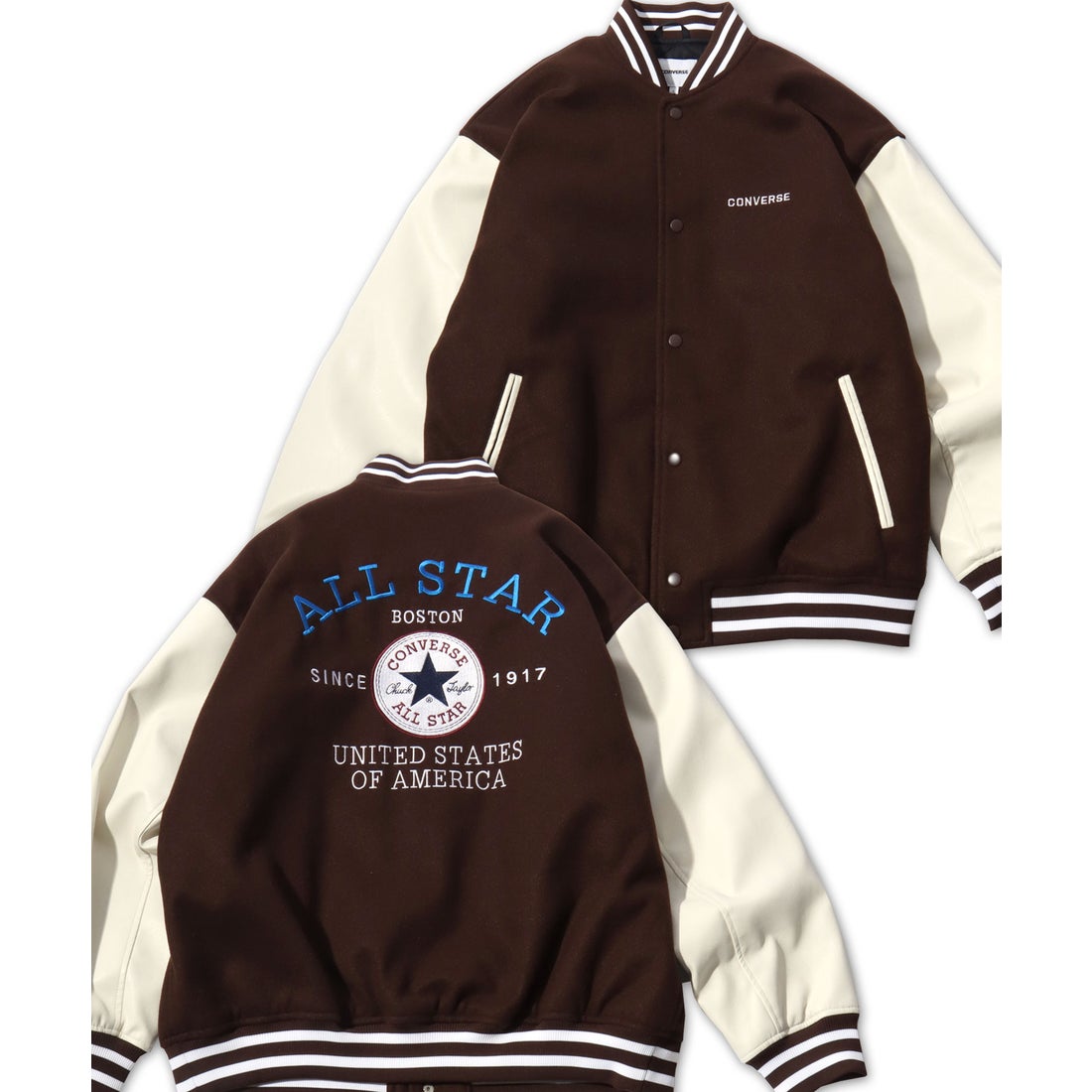 CONVERSE メルトンウール/デニム 袖フェイクレザー 切替 スタジャン