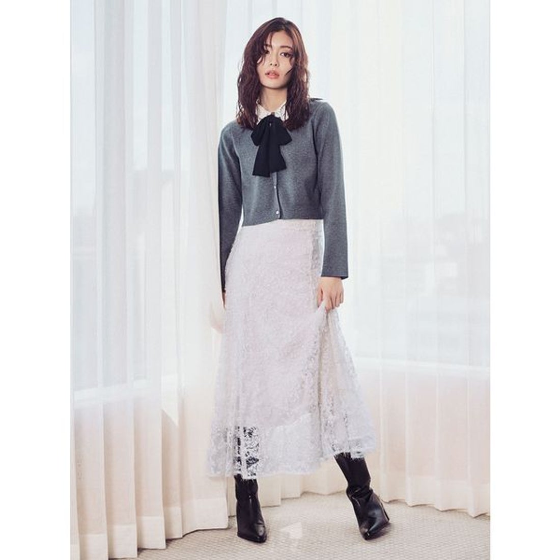 セルフォード CELFORD デタッチャブルレースカラーカーディガン （CGRY