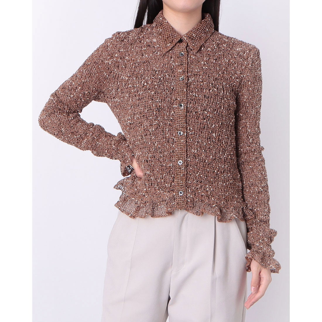 クラネ CLANE MIX MESH GATHER SHIRT （BROWN） -ファッション通販