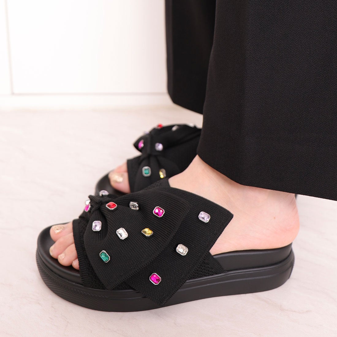 クムウ_ダイアナ CUMUU_DIANA 【撥水加工】大ぶりリボンニットサンダル