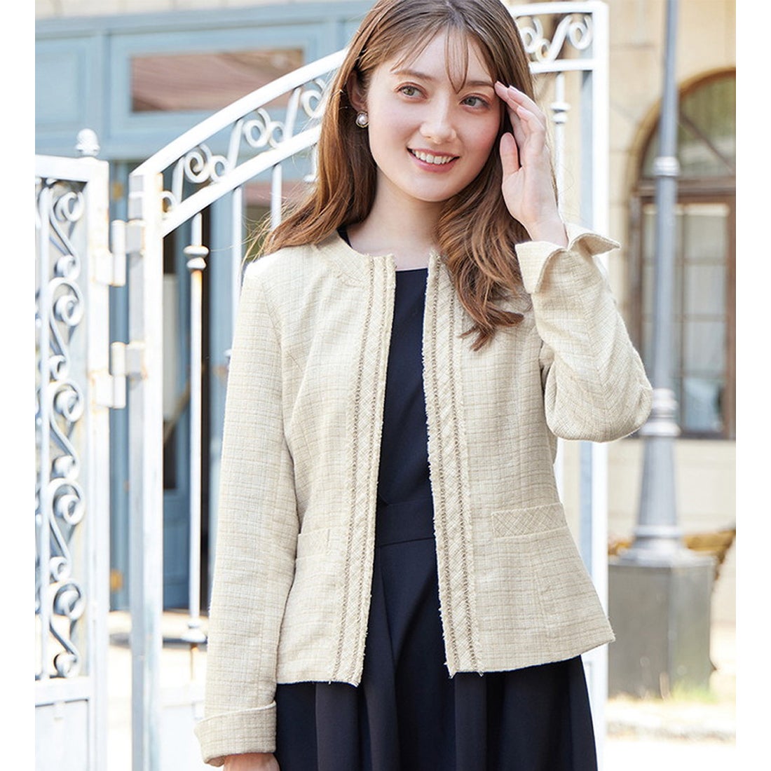 Alotta 入学式卒業式に！フリンジ使いツイードノーカラージャケット