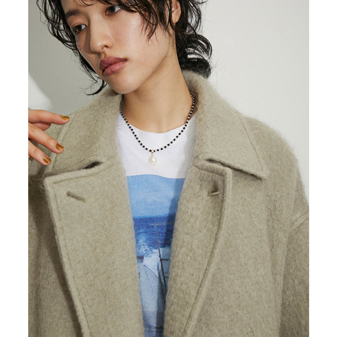 アダム エ ロペ ADAM ET ROPE' モヘヤシャギーミドルコート （カーキ系