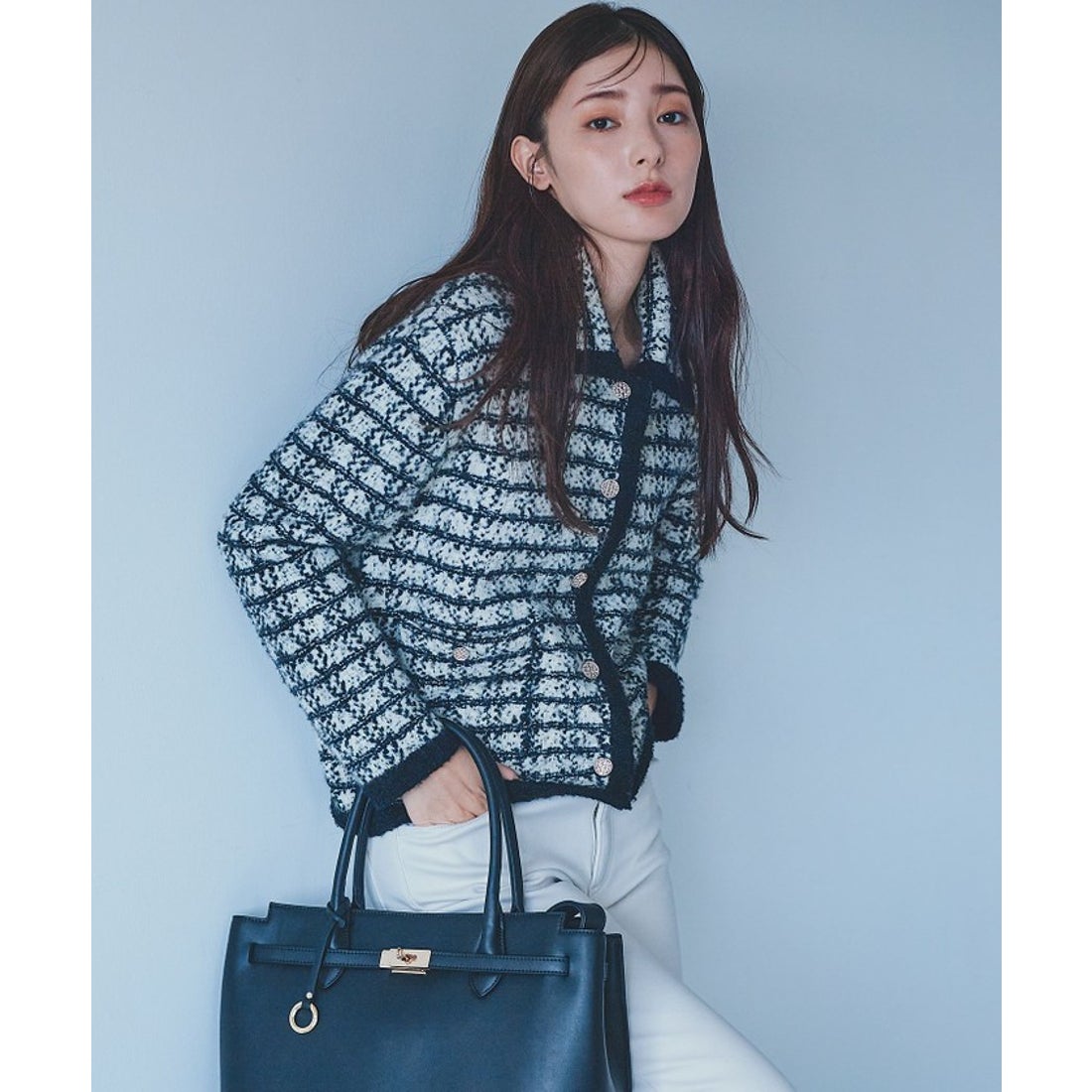 エニィスィス ANY SIS 【洗える】襟付ツイード ジャケット （ブラック