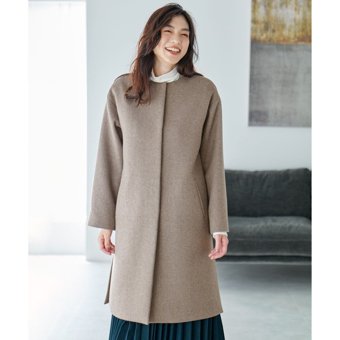 ANY 【防風裏地】ウールブレンドノーカラーコート （モカ） -靴