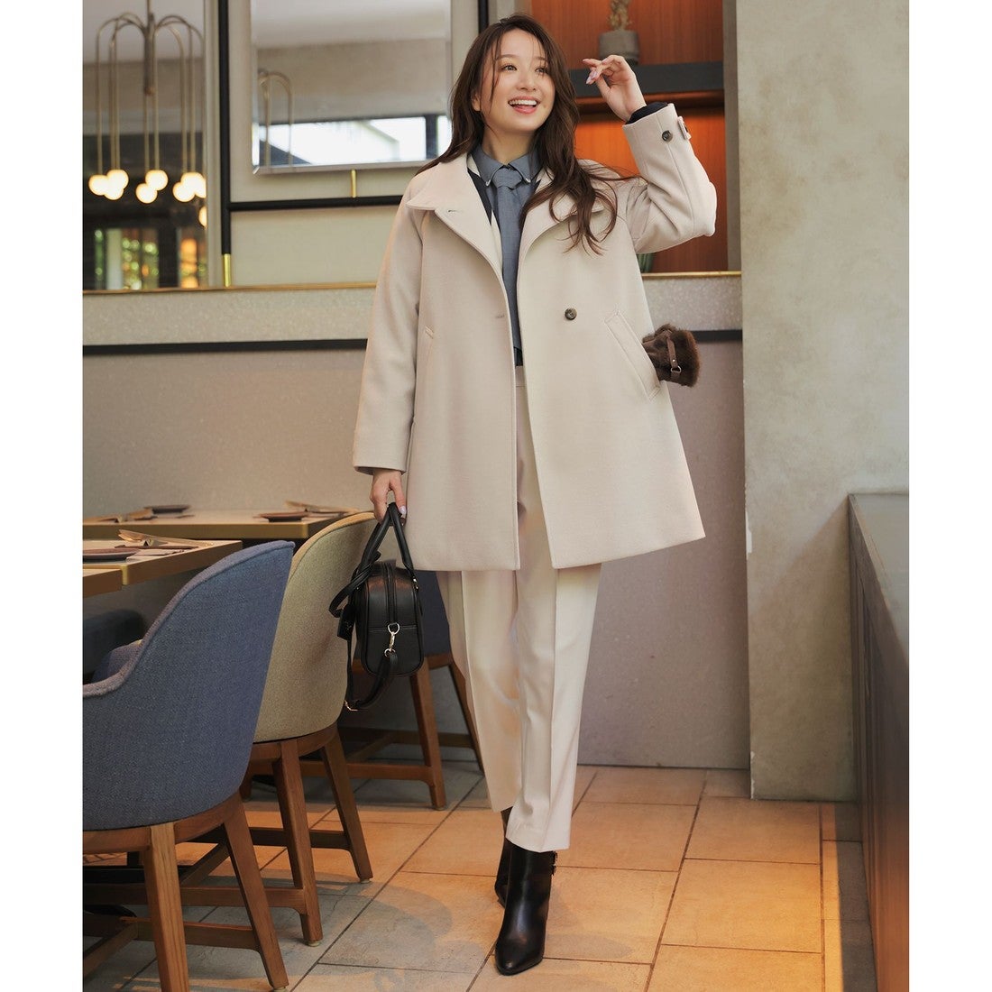 ANY SIS ウールライクスタンドカラー ミドルコート （ネイビー） -靴