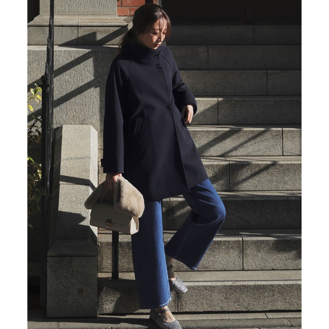 ANY SIS ウールライクスタンドカラー ミドルコート （ネイビー