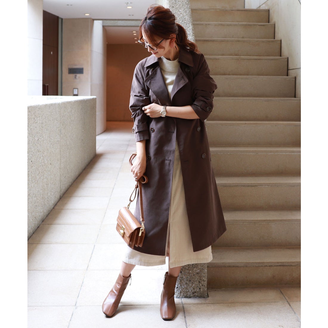 アンドミー andme ピーチスキン ベーシック ロング ダブル トレンチ