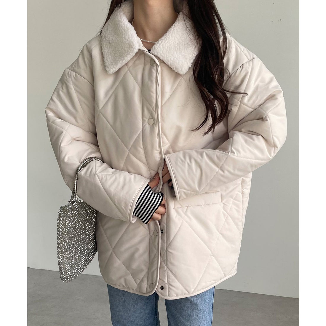 アンドミー andme 2way 襟 ボア ダイヤキルティング ブルゾン
