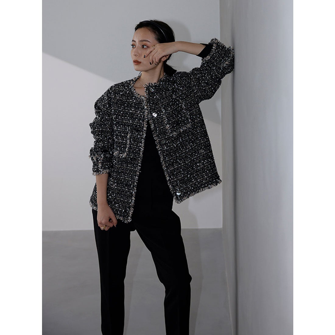 アニュアンス anuans オリジナルツイードノーカラージャケット （BLACK