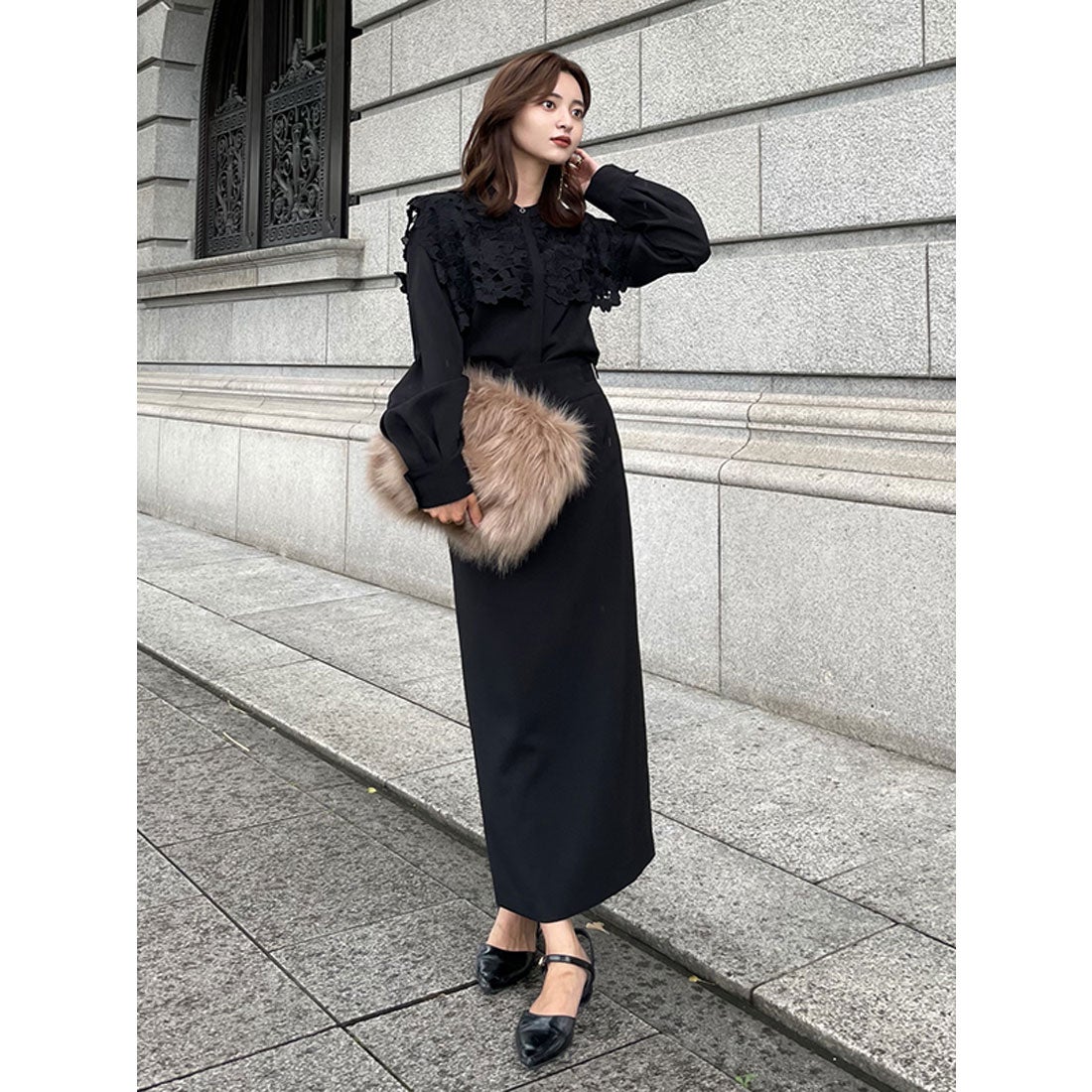 アニュアンス anuans 2wayスリーブレースドッキングブラウス （NAVY