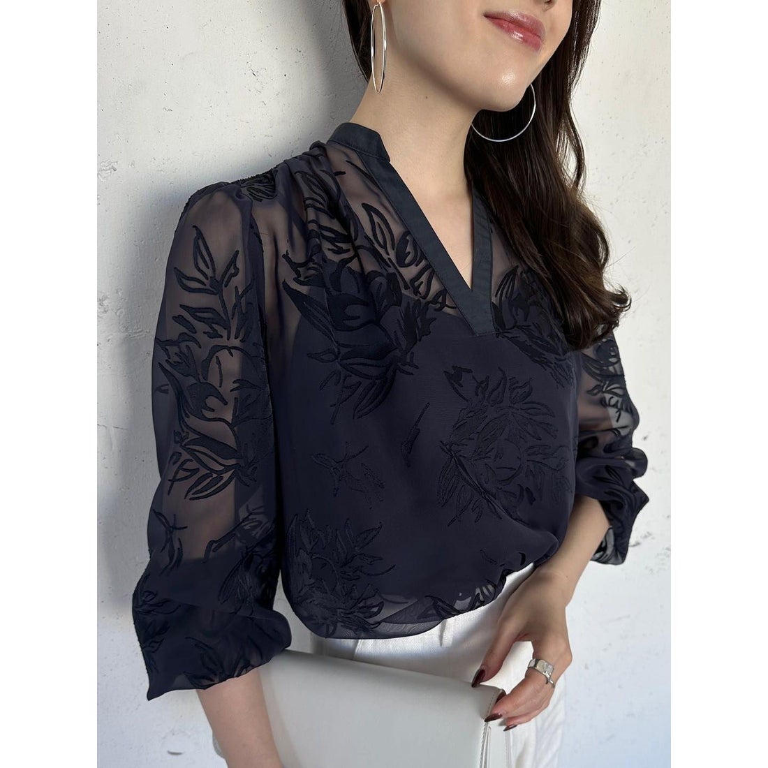 アニュアンス anuans スキッパーネックオパールブラウス （NAVY