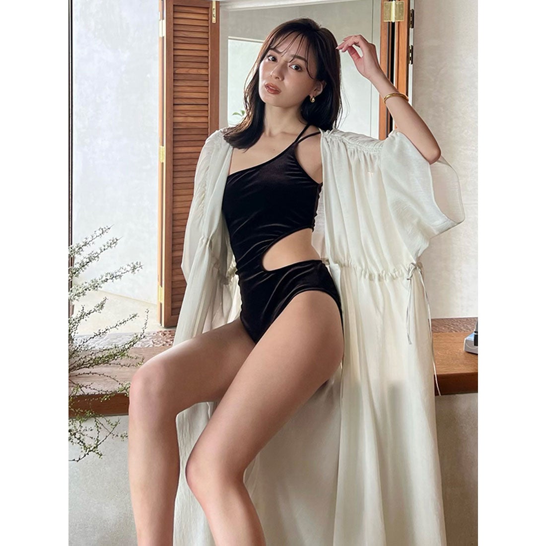 アニュアンス anuans サイドカットアウトベロアワンピース【返品不可