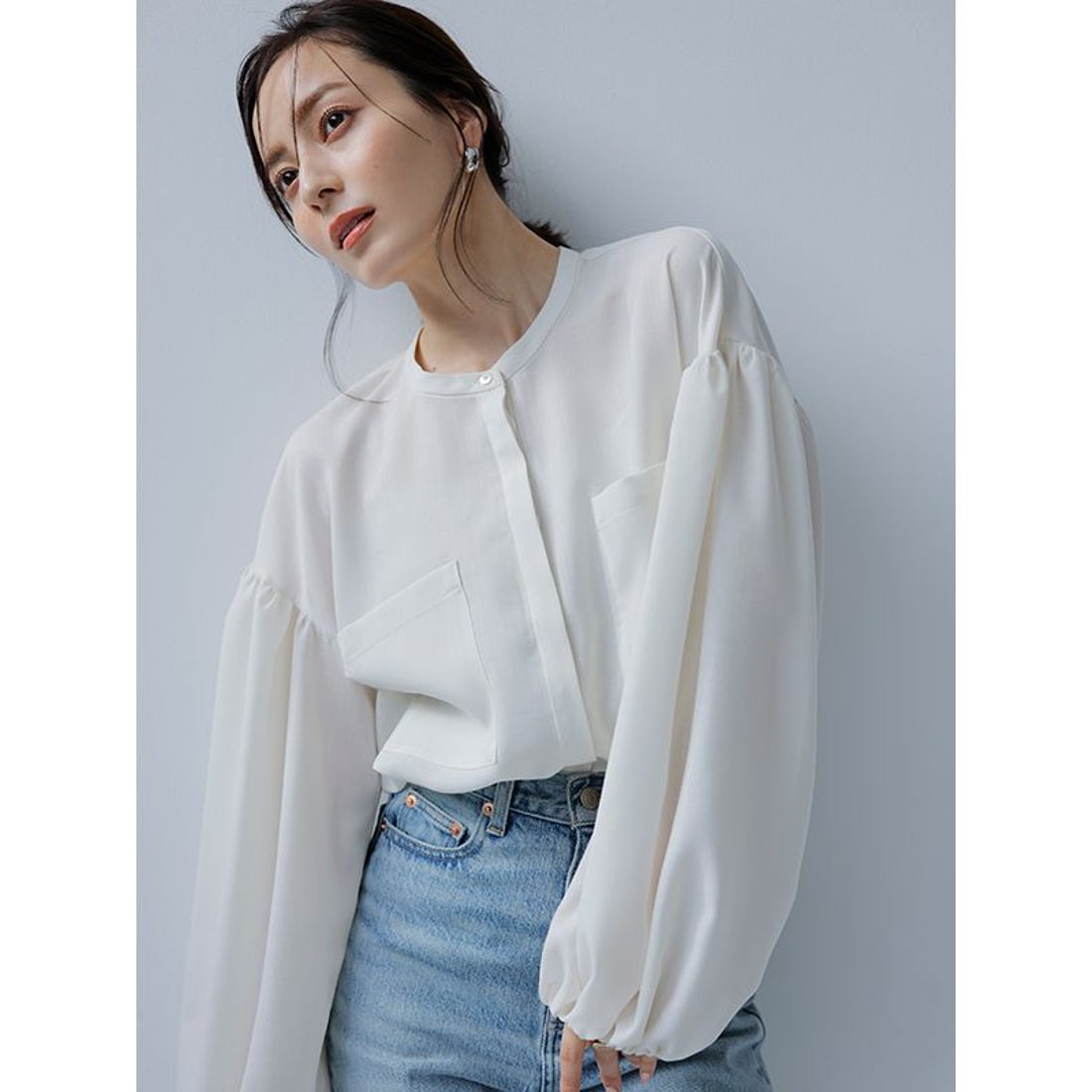 アニュアンス anuans シアーボリュームスリーブブラウス （BROWN