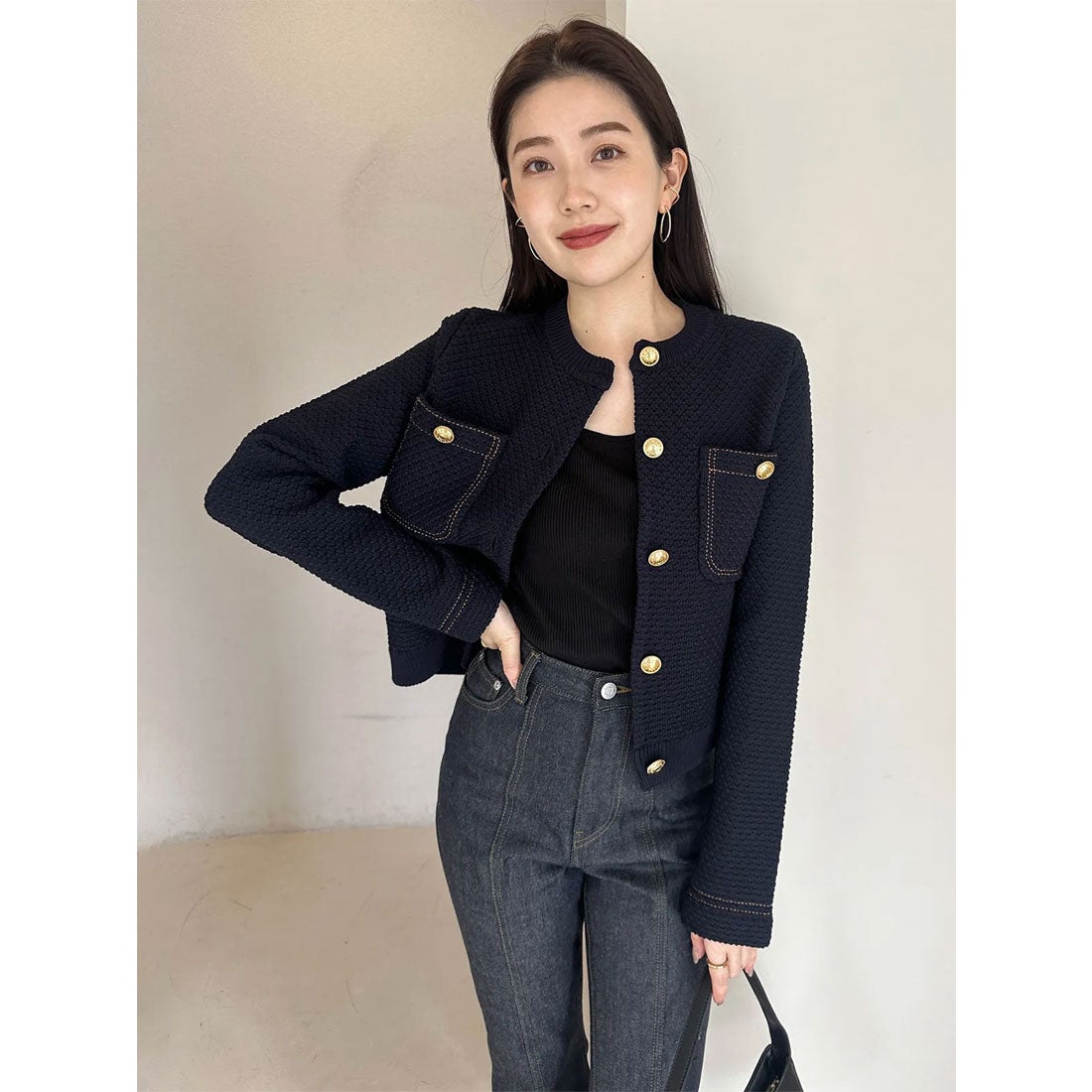 アニュアンス anuans ノーカラーニットジャケット （BLACK） -靴