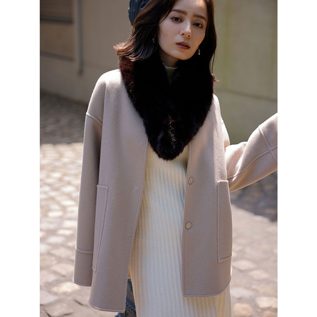 アニュアンス anuans バイカラーショートリバーコート （ECRU） -靴