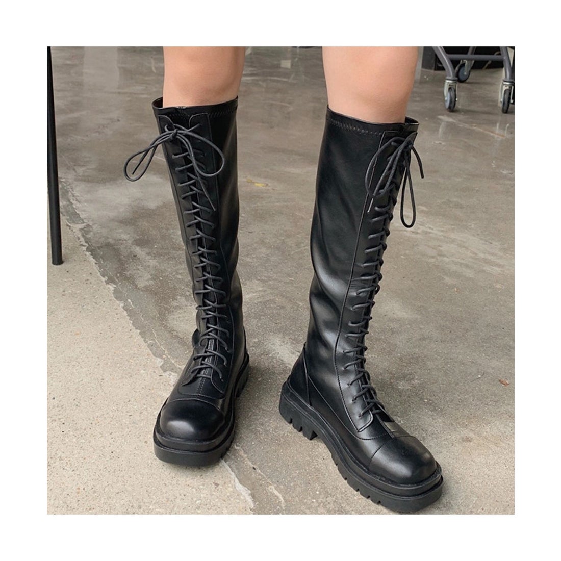 アイモハ aimoha 韓国風紐づけフェイクレザー厚底ロングブーツ