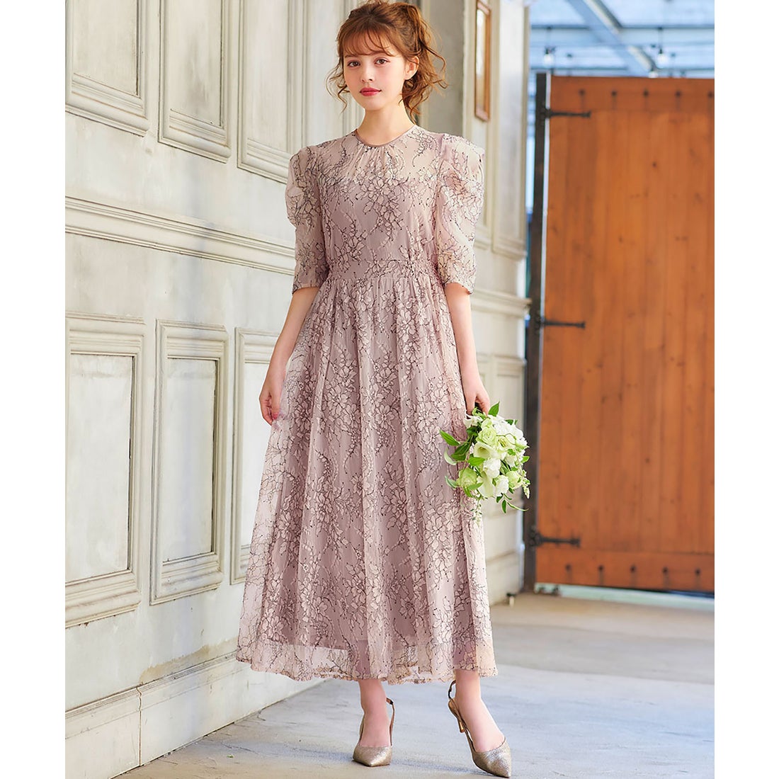 ガール GIRL パフスリーブ総レース フレア ロング 結婚式 ワンピース