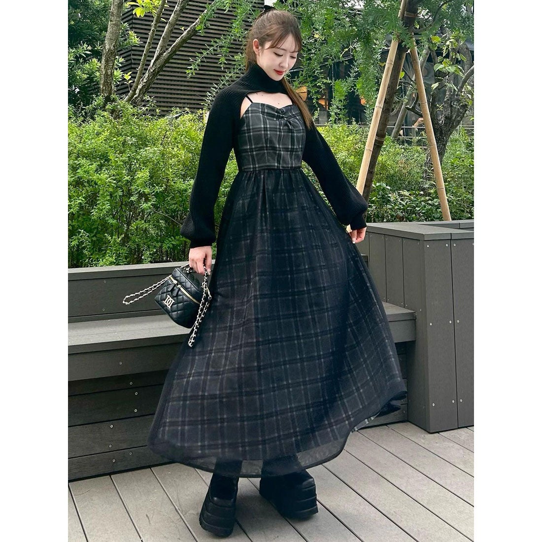 ダーリッチ Darich チュールドッキングチェックワンピース （ブラック