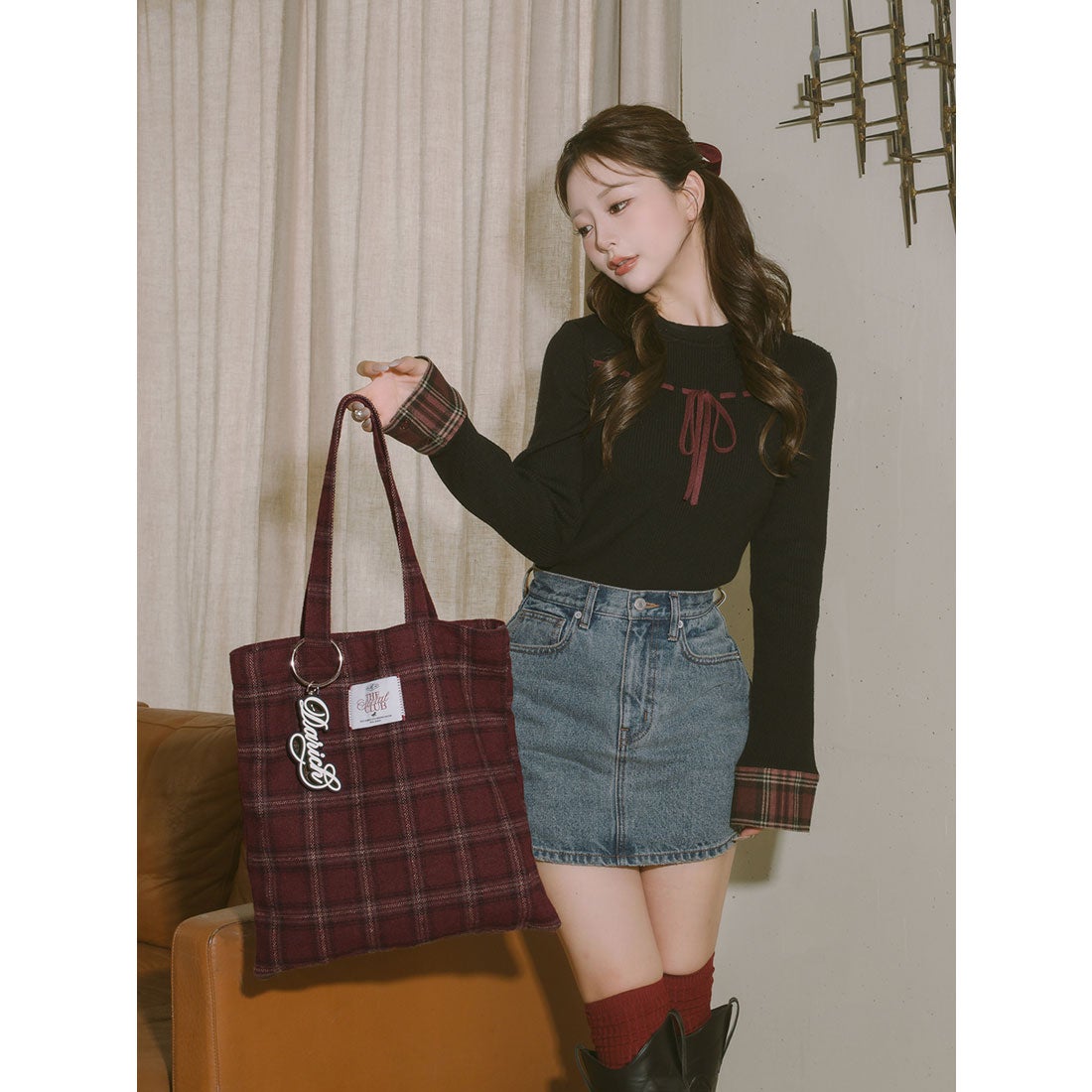 ダーリッチ Darich チェックトートバッグ （ボルドー） -ファッション