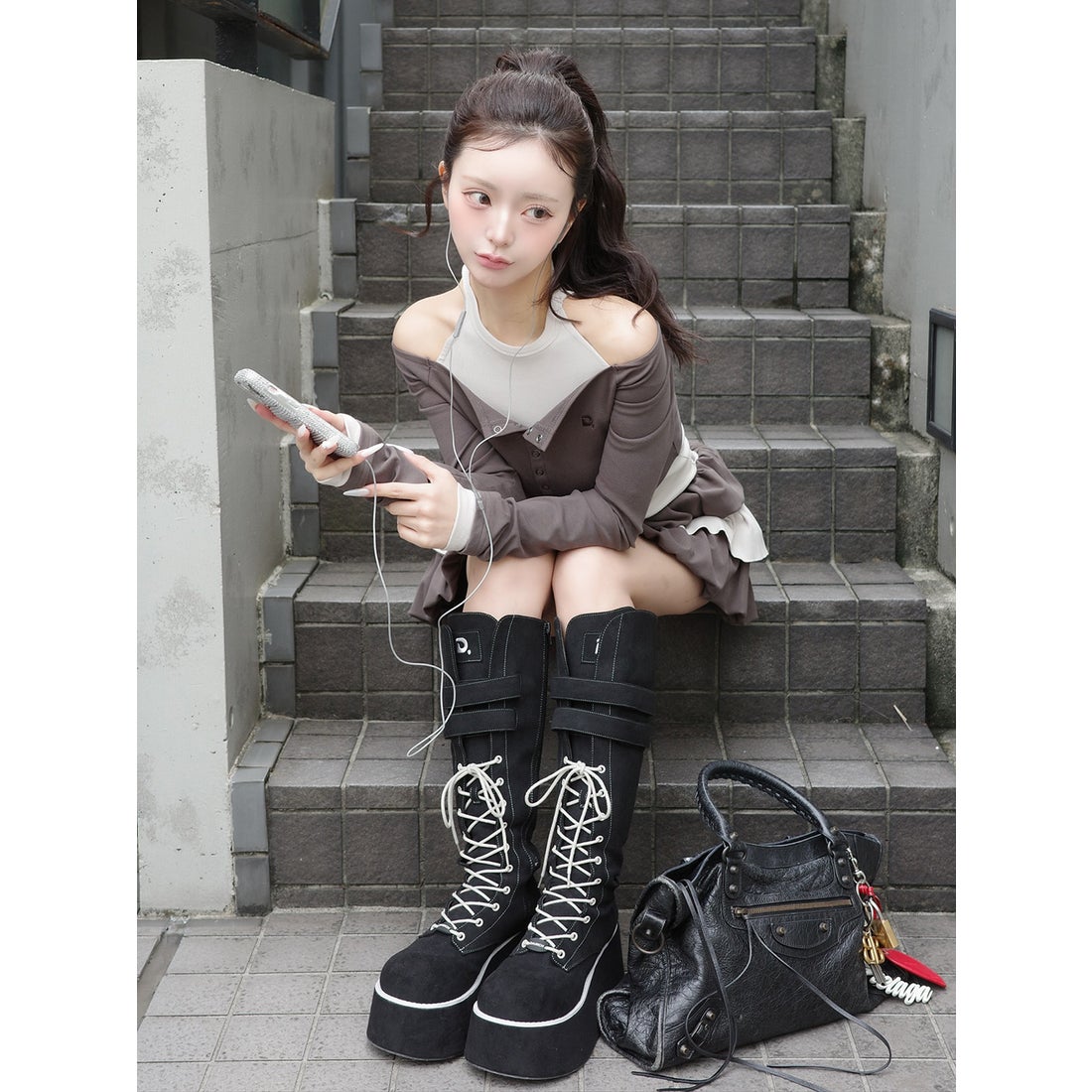 ダーリッチ Darich Dロゴボリュームステッチロングブーツ （ブラック