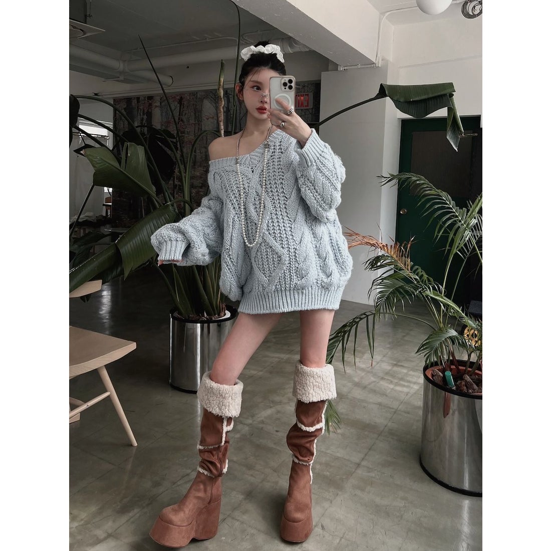 ダーリッチ Darich フェイクムートンニーハイブーツ （キャメル） -靴