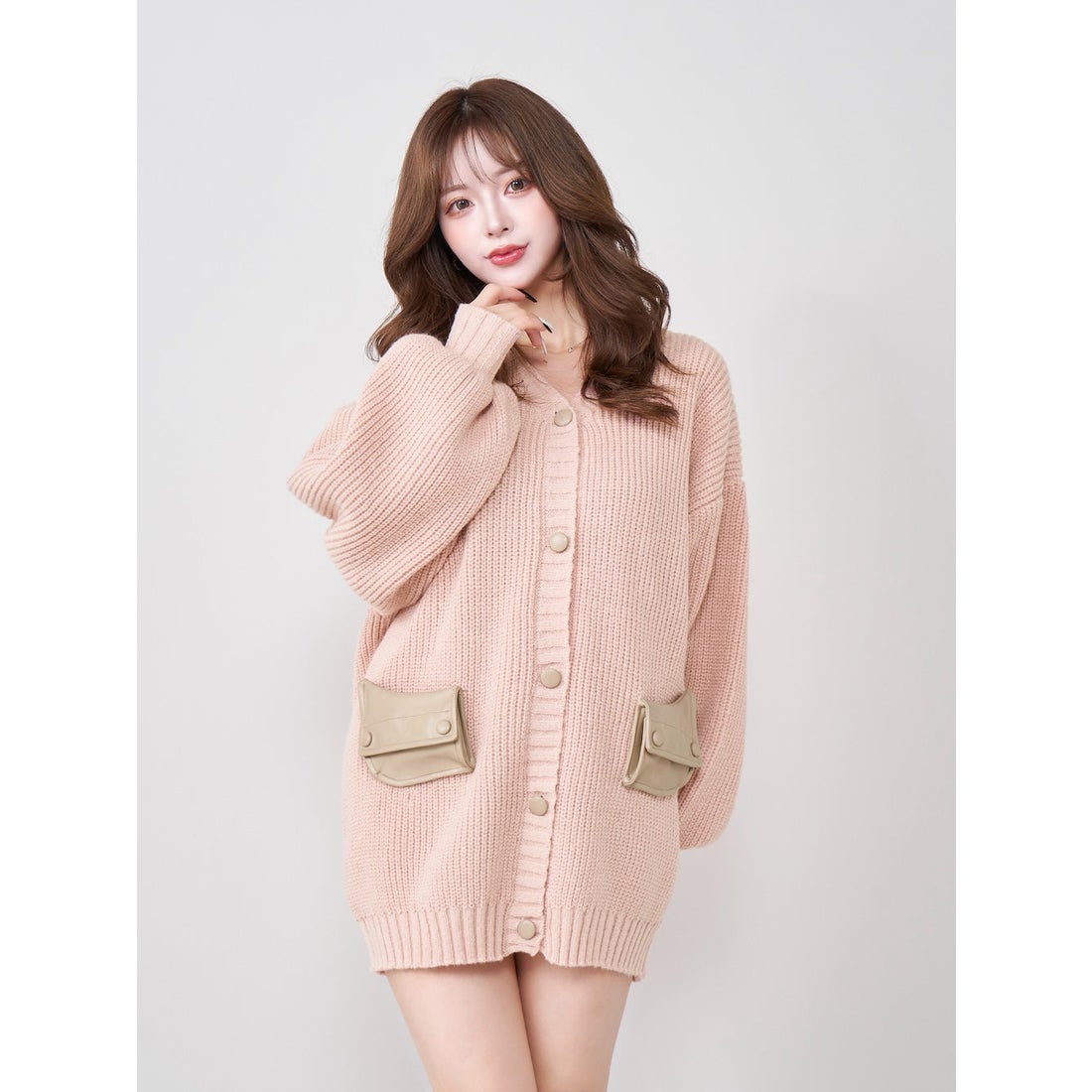 ダーリッチ Darich レザーコンビオーバーカーディガン （ピンク