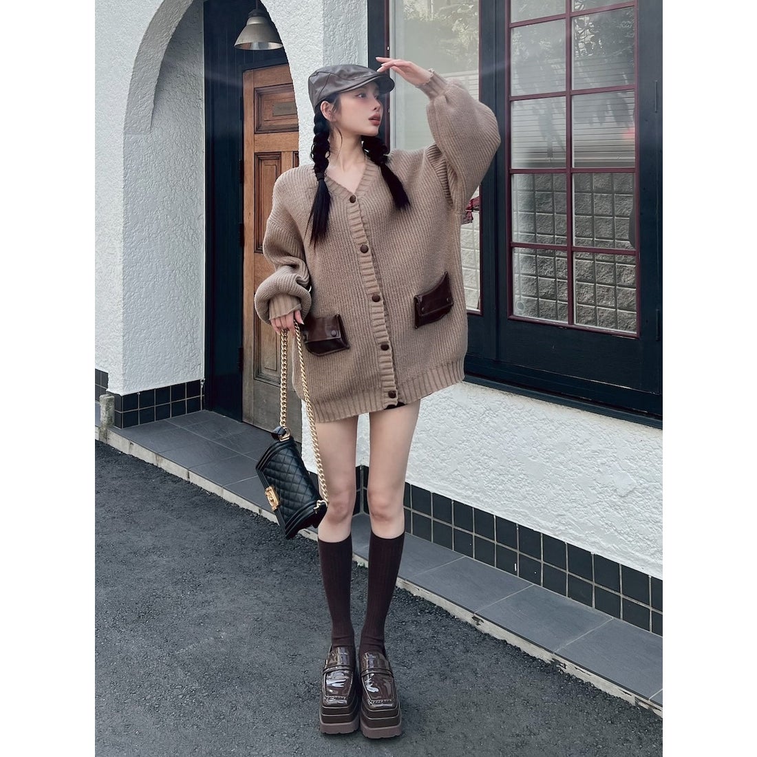 ダーリッチ Darich レザーコンビオーバーカーディガン （ピンク