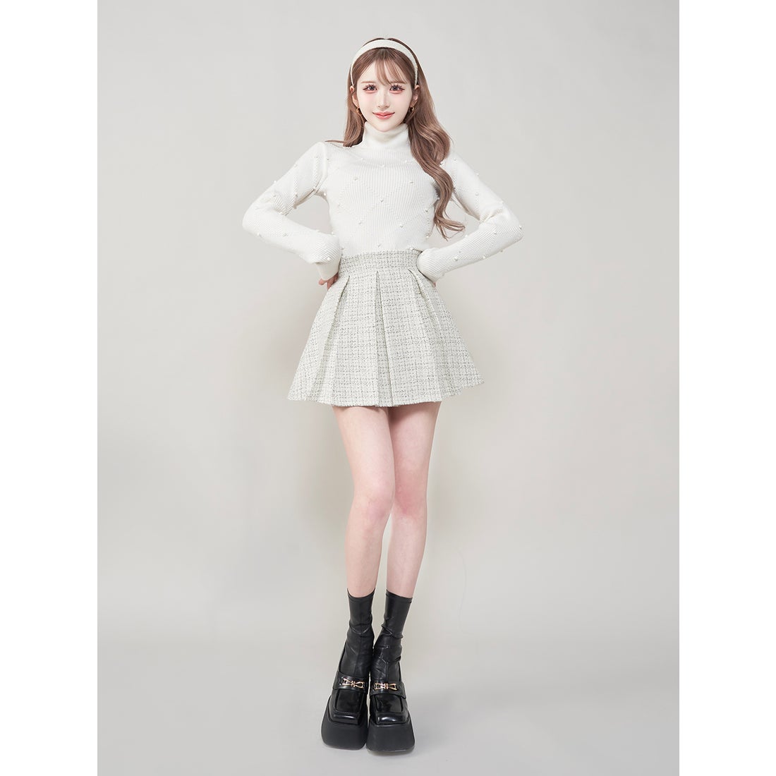 ダーリッチ Darich ボックスプリーツツイードミニスカート （ホワイト