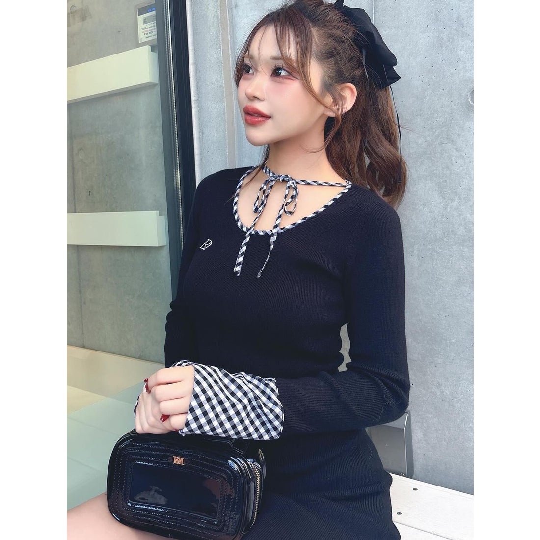 ダーリッチ Darich チェックリボンニットミニワンピース （ブラック