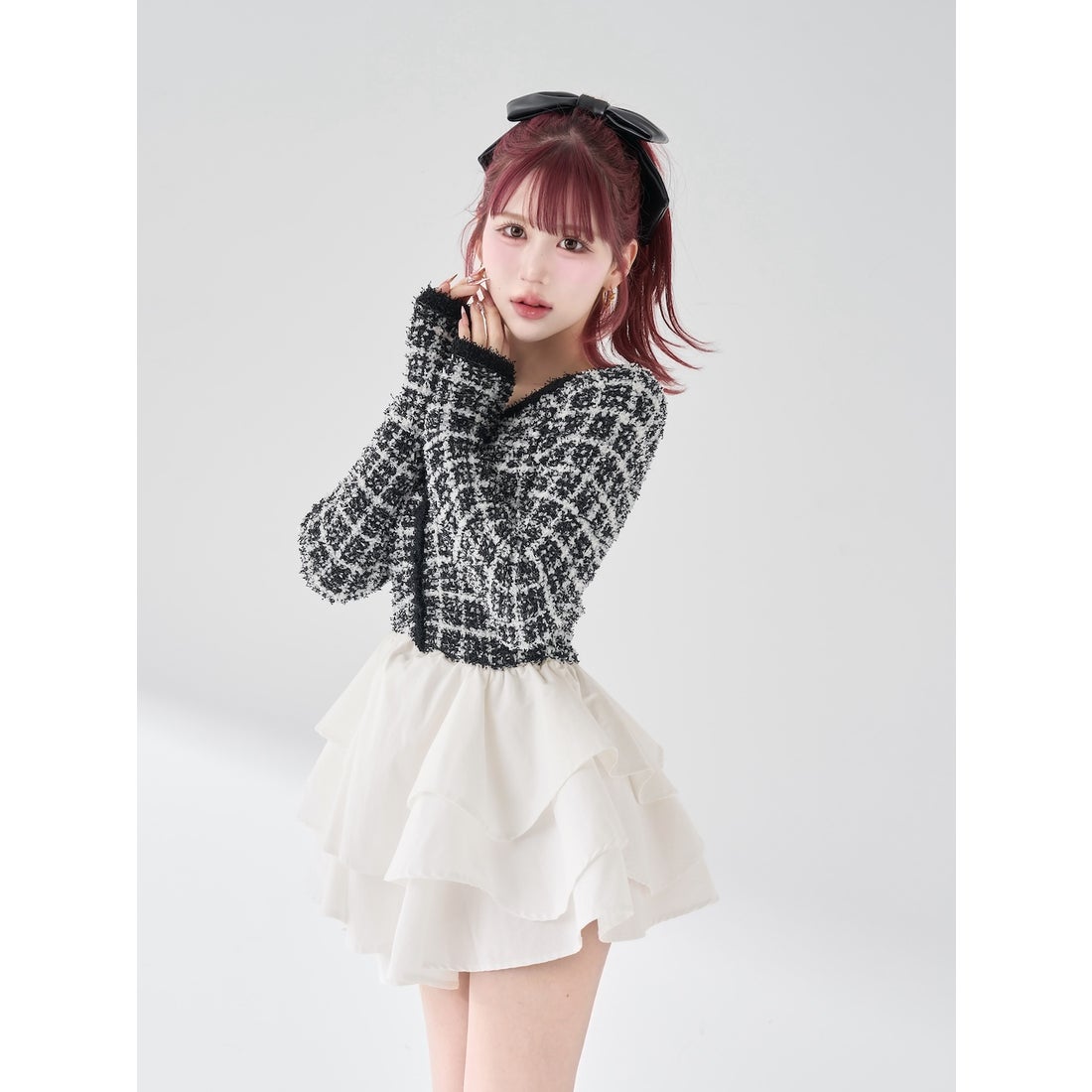 ダーリッチ Darich ボリュームフリルツイードニットミニワンピース