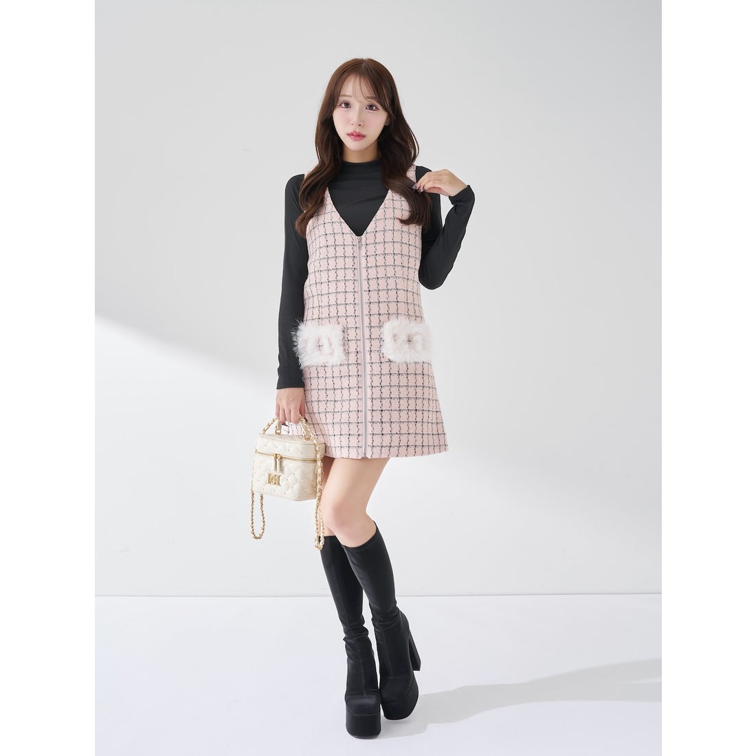 ダーリッチ Darich フロントファスナーツイードミニワンピース