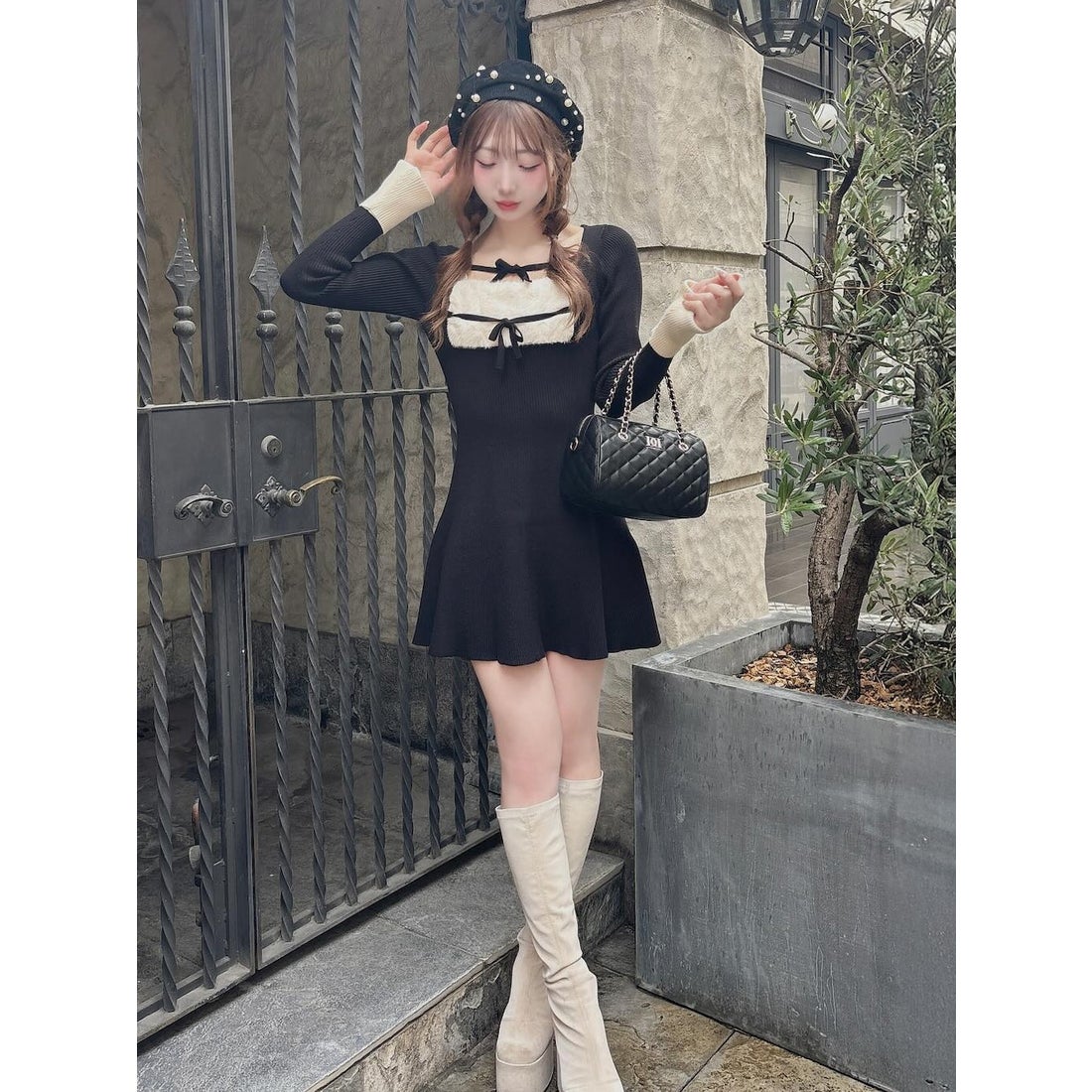 ダーリッチ Darich リボンファーフレアニットミニワンピース