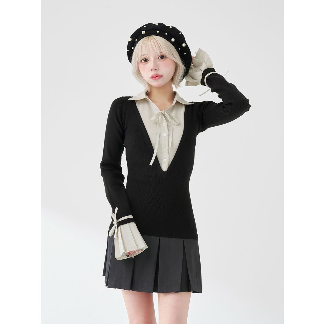 ダーリッチ Darich シャツドッキングプリーツミニワンピース