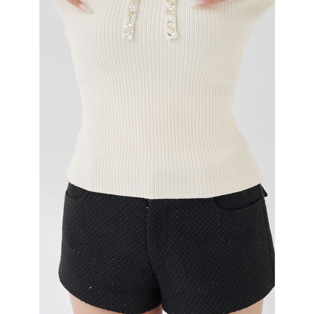 ダーリッチ Darich リボンビジューアメスリニットトップス （ピンク