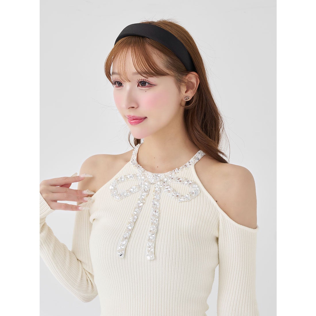 ダーリッチ Darich リボンビジューアメスリニットトップス （ピンク