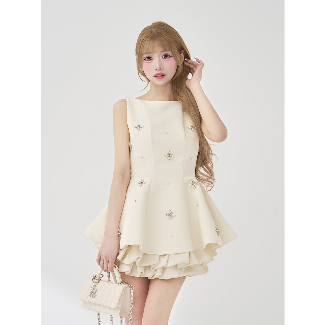 ダーリッチ Darich ビジューフレアバルーンミニドレス （ホワイト