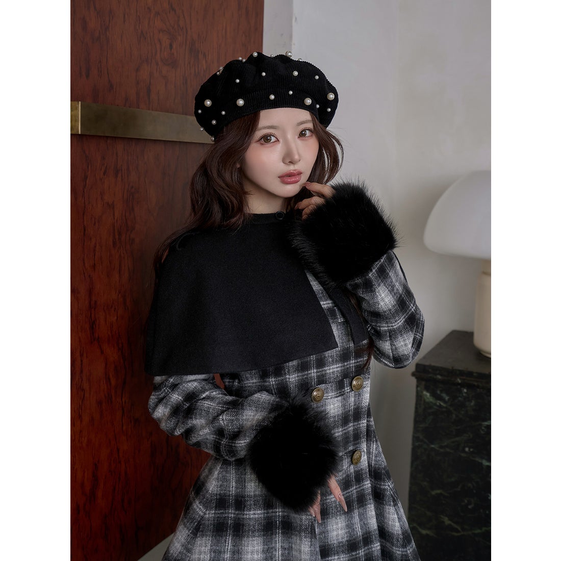 ダーリッチ ケープチェックナポレオンコート ブラック Darichロゴ