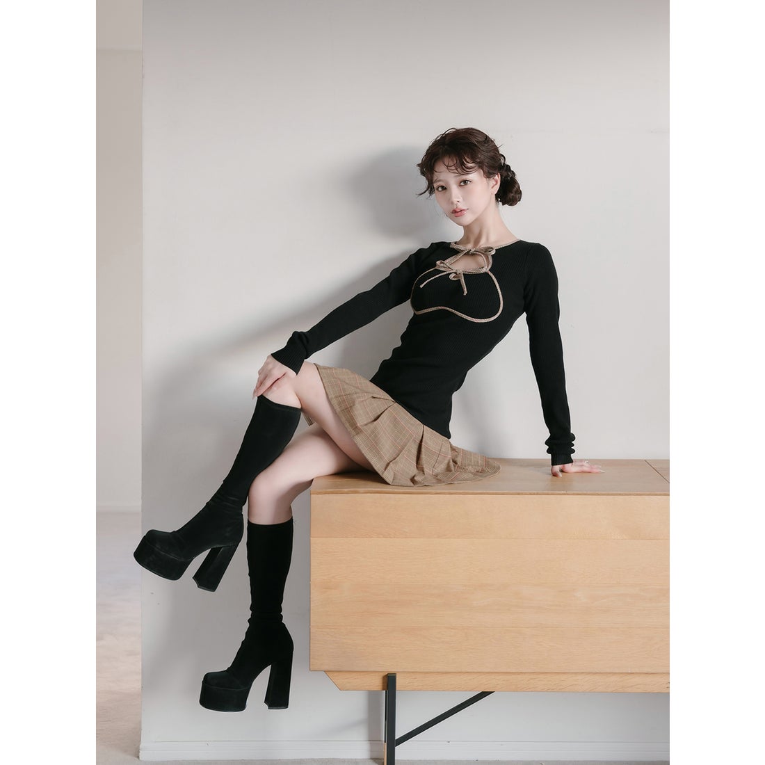 ダーリッチ Darich ポイントチェックニットミニワンピース （グレー