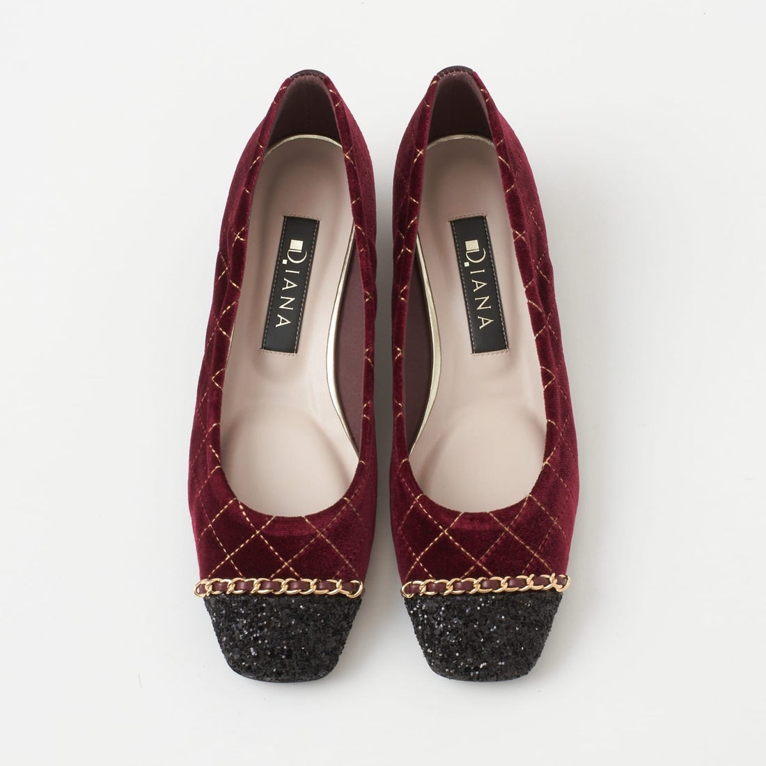 ダイアナ DIANA キルティングローヒールパンプス （ワイン生地
