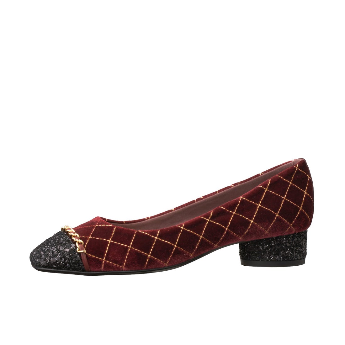 ダイアナ DIANA キルティングローヒールパンプス （ワイン生地