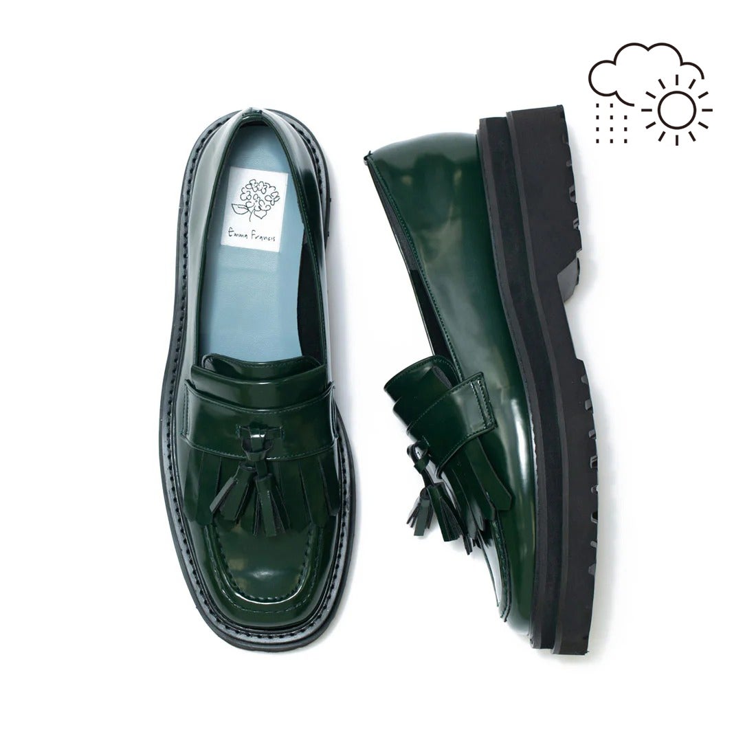 レイン対応】ボリュームソール フリンジ ローファー （カーキ エナメル