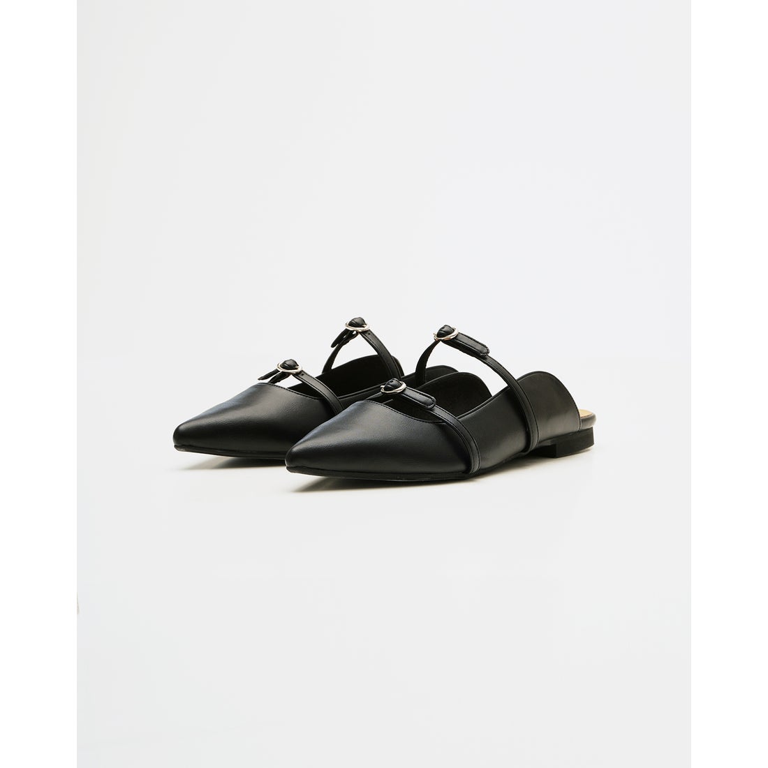 ダブルストラップ フラット ミュール （ブラック スムース） -Emma