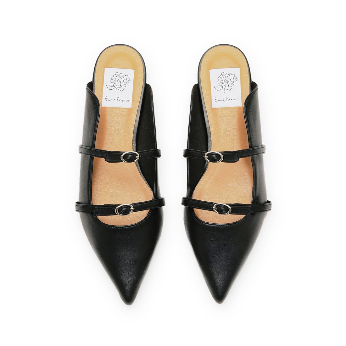 ダブルストラップ フラット ミュール （ブラック スムース） -Emma