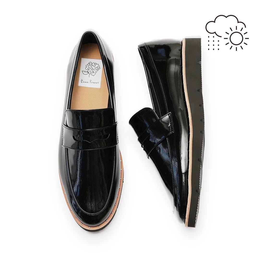 レイン対応】 スタッズピースソール ローファー （ブラック エナメル