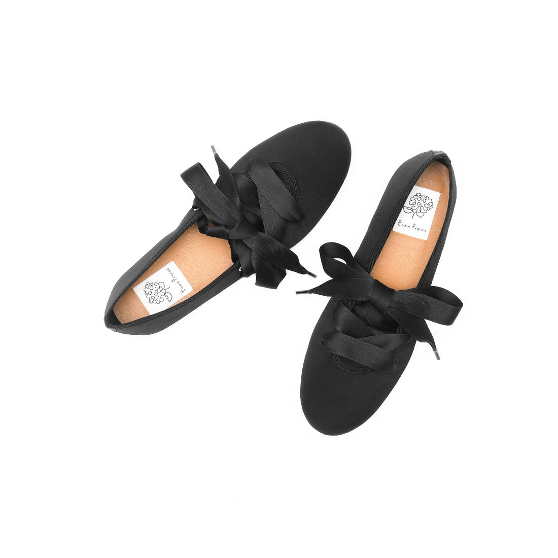 リボン レースアップ バレエシューズ （ブラック サテン） -Emma