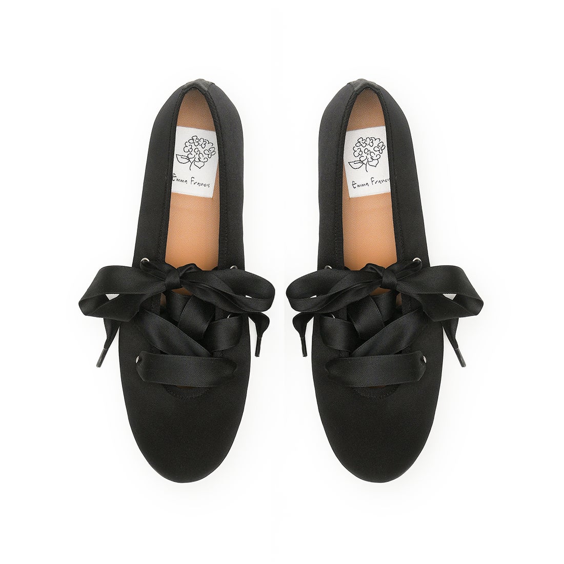 リボン レースアップ バレエシューズ （ブラック サテン） -Emma