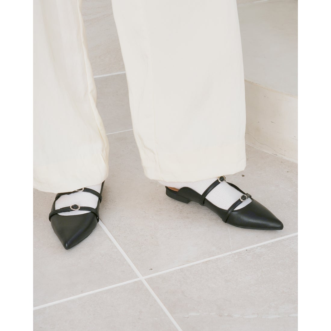 ダブルストラップ フラット ミュール （ブラック スムース） -Emma