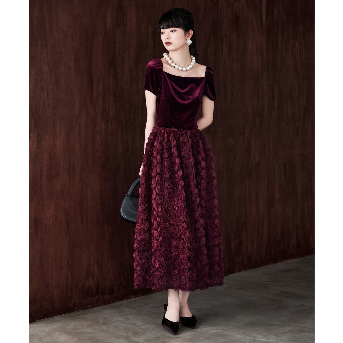 エトル etoll. ベロアロゼットフレアドレス （バーガンディー） -靴